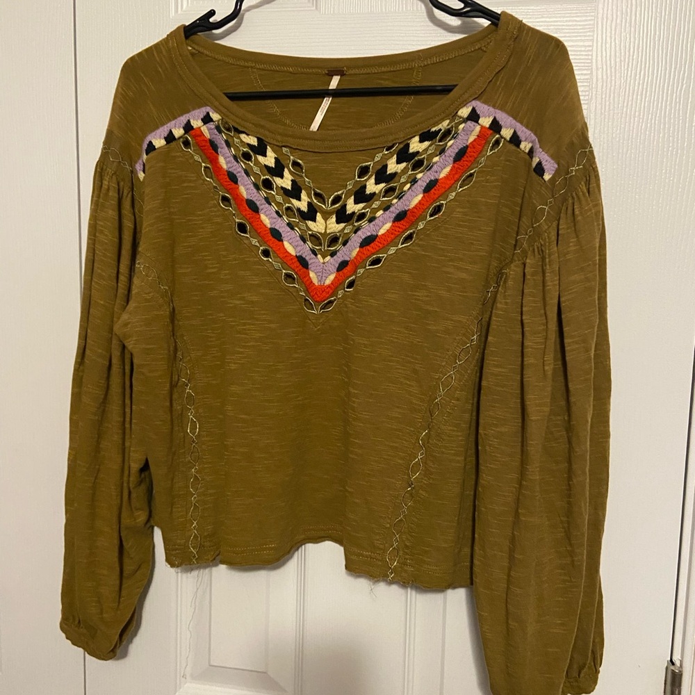 Free People Olive Embroidered Women's Top Size L EUC